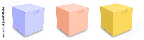 Realistic box mock up set. Rectangular packaging boxes, white cardboard and blank vertical pack 3D vector template set. Closed square packing, paper containers, shipping cases cliparts collection