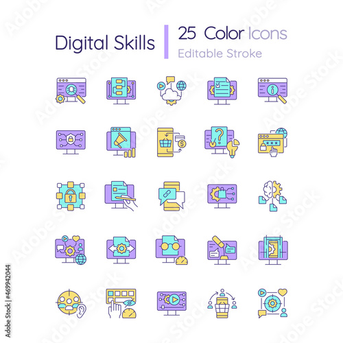 Digital skills RGB color icons set. Gaining literacy competencies in digital era. Technological proficiency. Isolated vector illustrations. Simple filled line drawings collection. Editable stroke