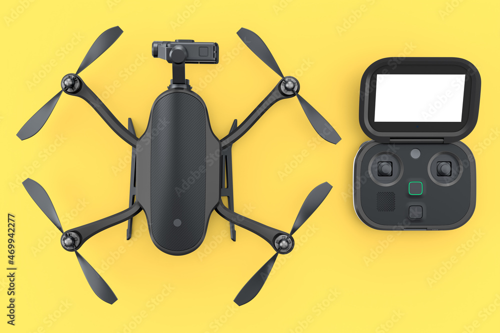 Photo and video drone or quad copter with action camera and remote on yellow Photo and video drone or quad copter with action camera and remote on yellow
