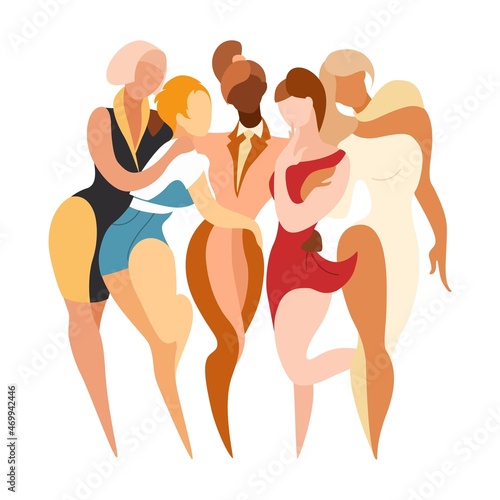 Stylized modern women of different races and color of skin. Girlfriends hug and support each other in flat style. Girls stronger together. Concept of feminine or feminism. Vector isolated illustration