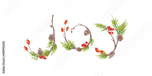 Christmas illustration -- joy. Christmas backgrounds with fir branches and rosehip berries.