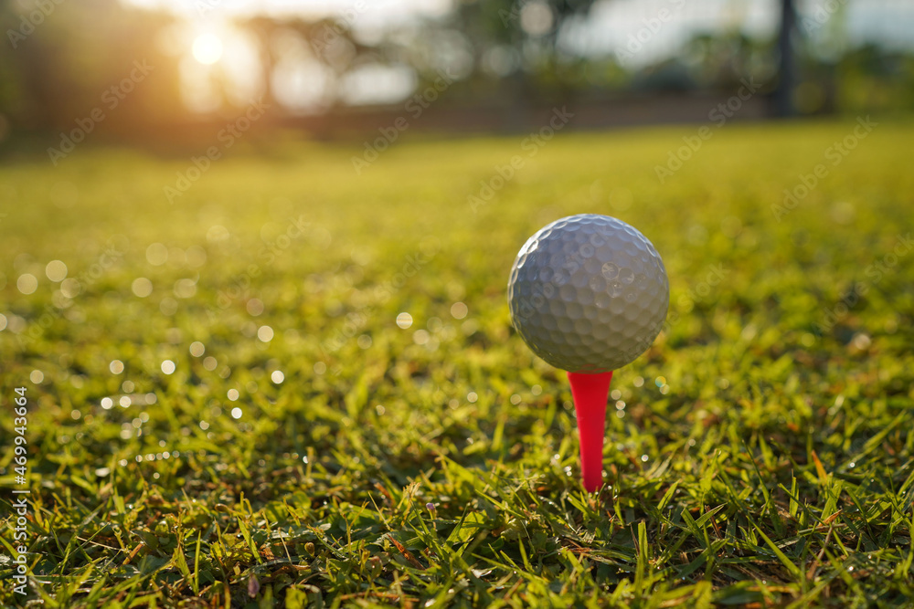 Golf ball on tee in the evening golf course with sunshine.