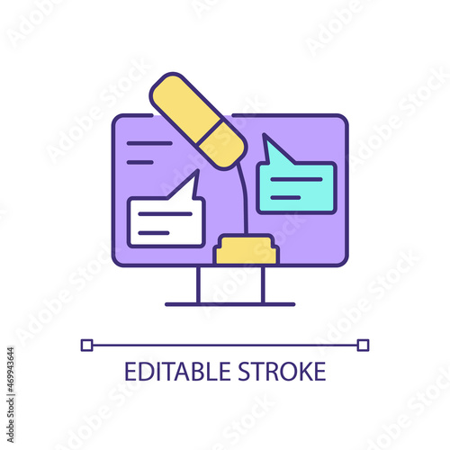 Digital oratory RGB color icon. Online public speaking. Improve communication and presentation skills. Virtual meeting. Isolated vector illustration. Simple filled line drawing. Editable stroke