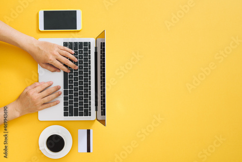 Workspace with laptop, girl's hands.Flat lay computer