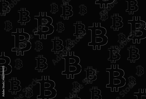 Background, banner and wallpaper for design. The bitcoin symbol is at different angles, chaotic on a black background. Pattern. 3d