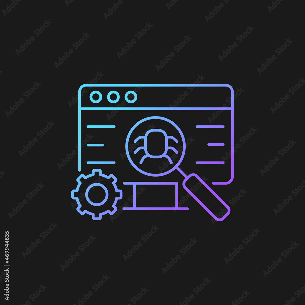 Software testing gradient vector icon for dark theme. Improving performance. Preventing implementation bugs. Thin line color symbol. Modern style pictogram. Vector isolated outline drawing Software testing gradient vector icon for dark theme. Improving performance. Preventing implementation bugs. Thin line color symbol. Modern style pictogram. Vector isolated outline drawing