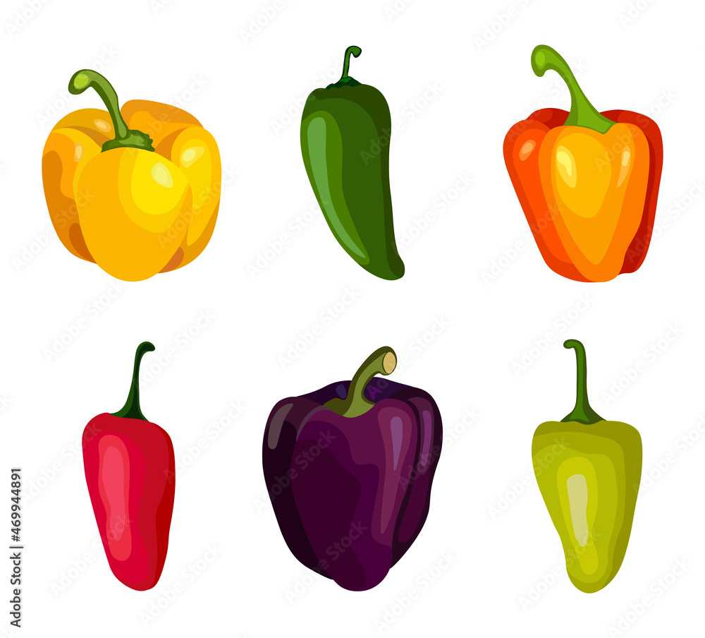 Set of pepper on white background. Variety vector pepper in flat style. Set of pepper on white background. Variety vector pepper in flat style.