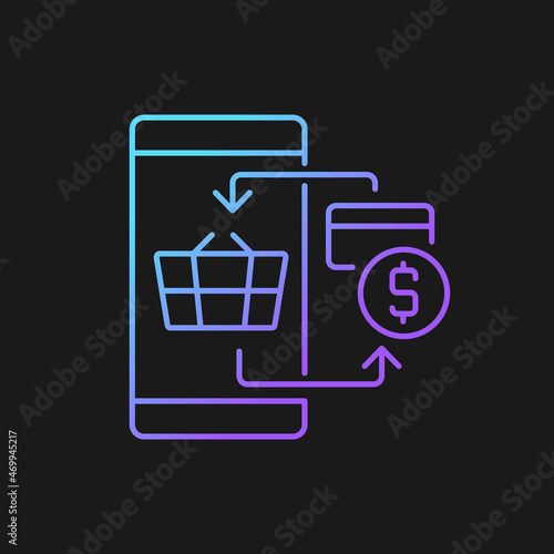 Digital transacting gradient vector icon for dark theme. E-commerce payment system. Paying for goods with credit card. Thin line color symbol. Modern style pictogram. Vector isolated outline drawing