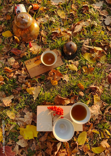 Tea drinking in the autumn park. Bowls with tea and a teapot on a background of grass with yellow fallen leaves. Outdoor tea ceremony.