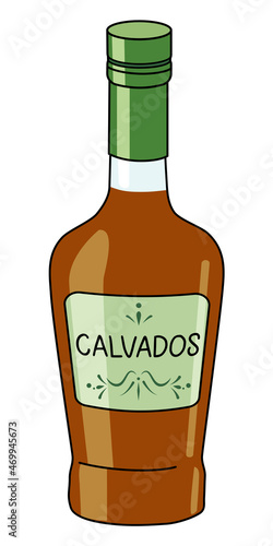 Classic Calvados French apple Brandy in a bottle. Doodle cartoon hipster style vector illustration isolated on white background. Good for party card, posters, bar menu or alcohol cook book recipe.