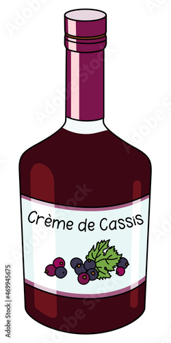 Creme de Cassis sweet French black currant liqueur in a bottle. Doodle cartoon hipster style vector illustration isolated on white background. For party card, posters, bar menu or alcohol cook book.