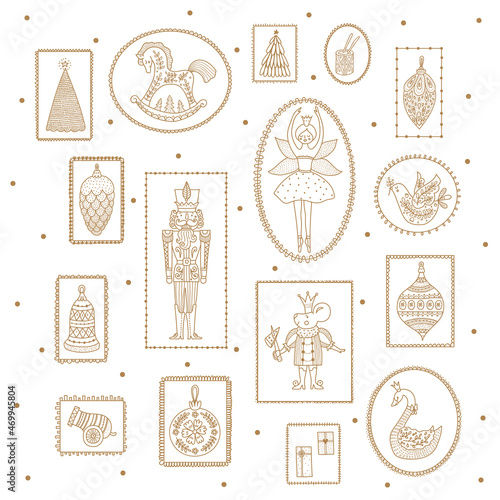  Gold Christmas set in the frame. Cute linear illustration.