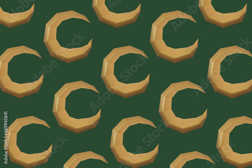 Gold polygonal crescents in geometric pattern on green background. Minimal creative layout. Moon wallpaper for your design. photo