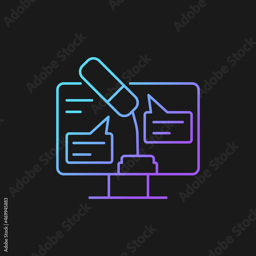 Digital oratory gradient vector icon for dark theme. Online public speaking. Virtual meeting. Online speech. Thin line color symbol. Modern style pictogram. Vector isolated outline drawing
