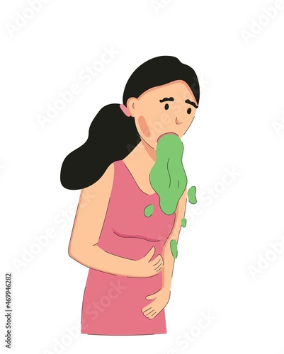 Woman vomited, nausea puke concept. Vector medical illustration
