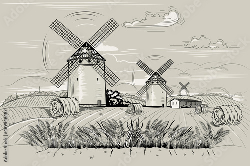 mill for grinding wheat fields with a harvest of hay in stacks harvesting