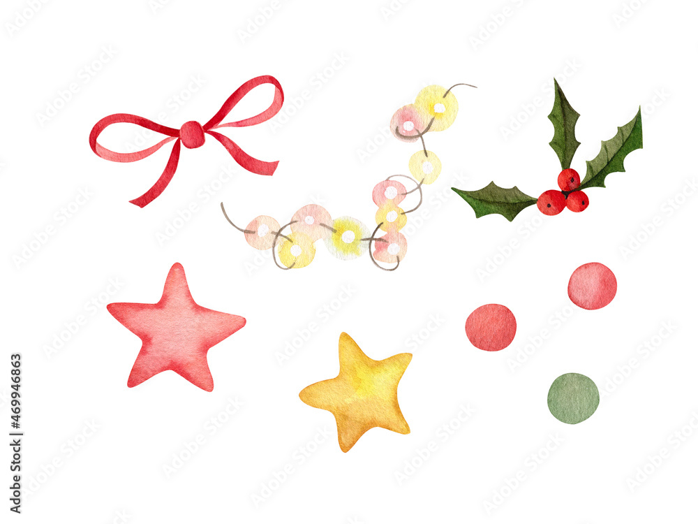 Christmas decoration clipart with red bow, stars, garland, holly, color dots. Watercolor clipart set isolated on white.