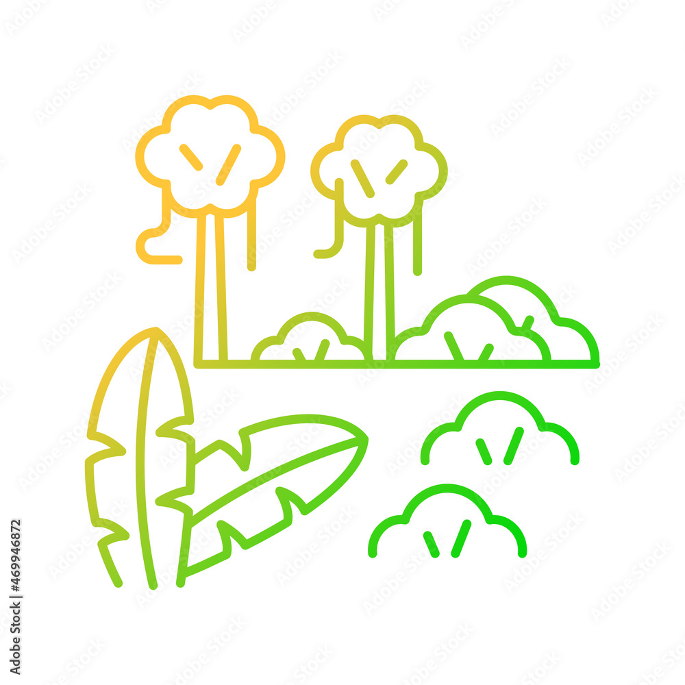 Tropical forest gradient linear vector icon. Rainforest. Region with warm and wet climate. Equatorial biome. Thin line color symbol. Modern style pictogram. Vector isolated outline drawing Tropical forest gradient linear vector icon. Rainforest. Region with warm and wet climate. Equatorial biome. Thin line color symbol. Modern style pictogram. Vector isolated outline drawing