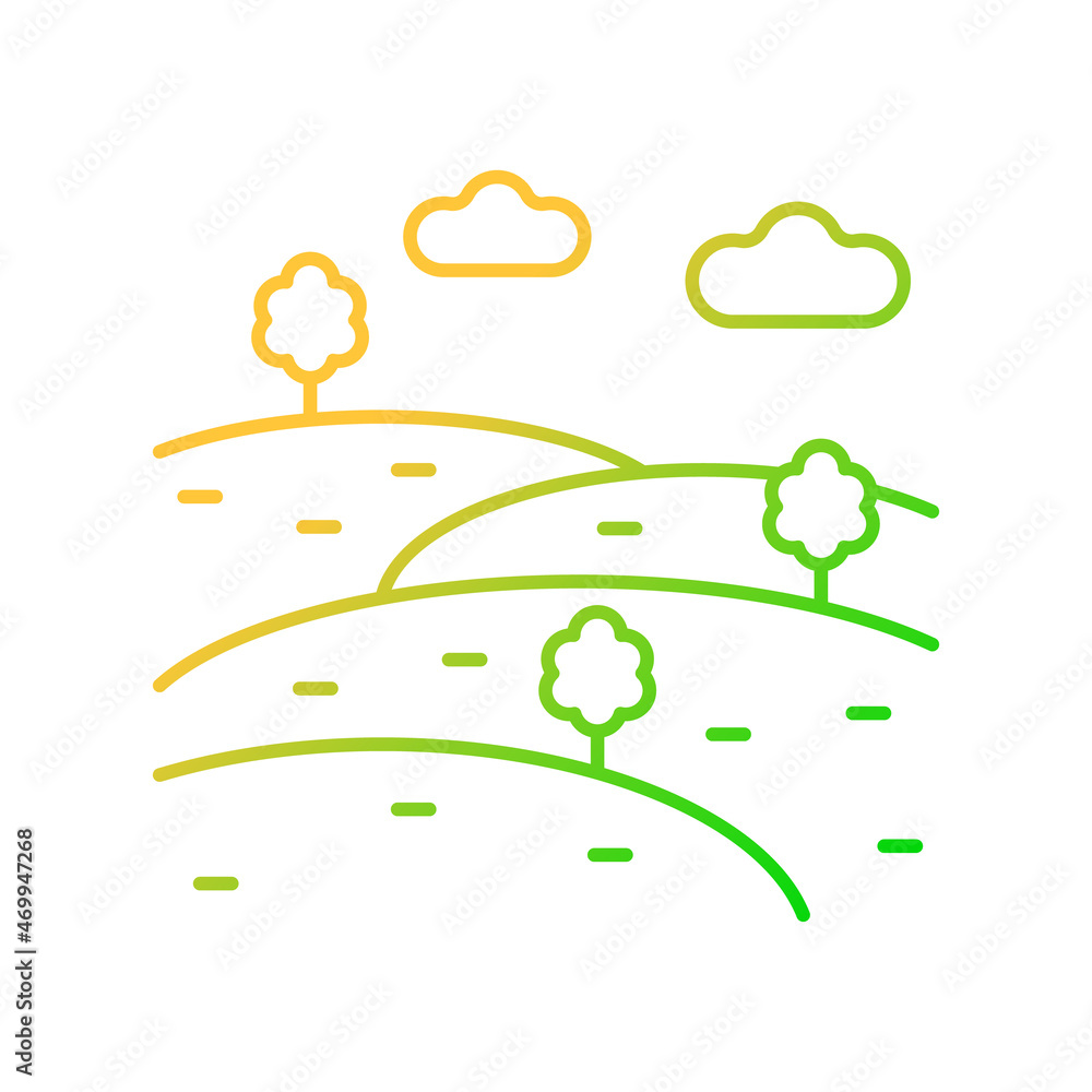 Hills gradient linear vector icon. Natural elevation. Land formation raised above surface. Medium height mountain. Thin line color symbol. Modern style pictogram. Vector isolated outline drawing