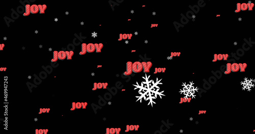 Image of joy text in repetition at christmas and snow falling on black background