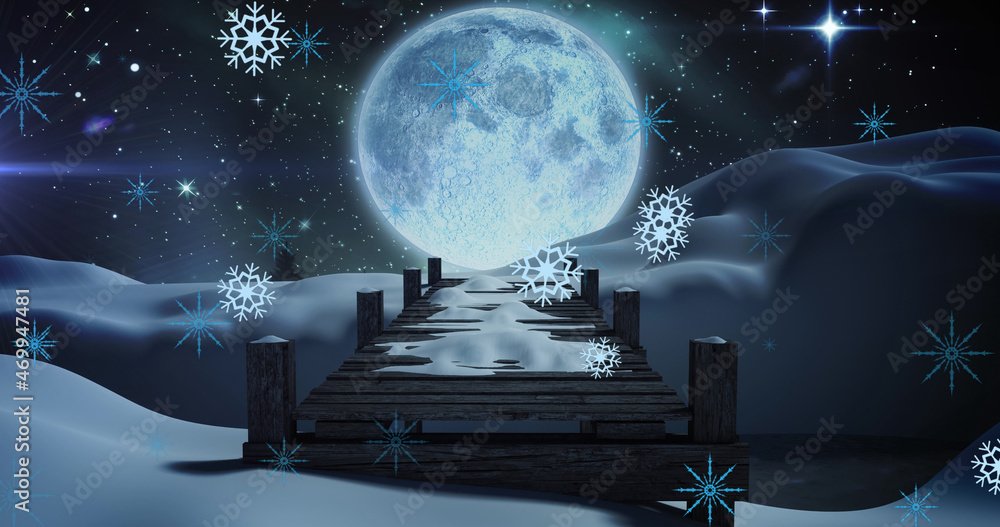 Obraz premium Image of white christmas snowflakes falling at night with full moon and snow covered bridge