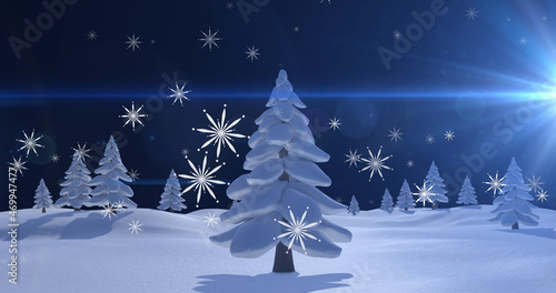 Image of christmas snowflakes falling at night over with snow covered trees and landscape