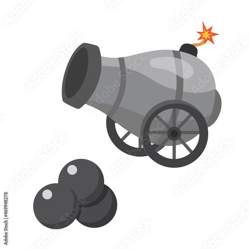 Pirate Cannon with Cannon Balls. Old Ship Cannon in cartoon style. Trendy illustration isolated on white background. Element of Maritime design, piracy, gaming. Good  for web and print