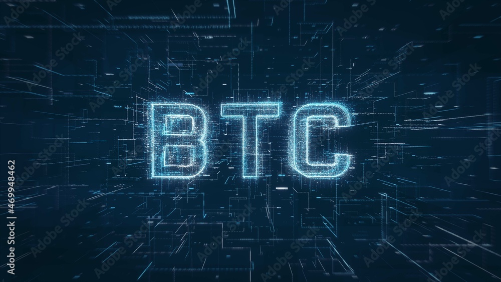BTC Bitcoin crypto currency title key word on a binary code digital network background BTC Bitcoin crypto currency title key word on a binary code digital network background