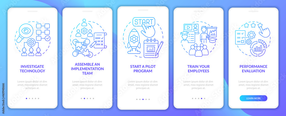 Implement technology steps onboarding mobile app page screen. Start pilot program walkthrough 5 steps graphic instructions with concepts. UI, UX, GUI vector template with linear color illustrations