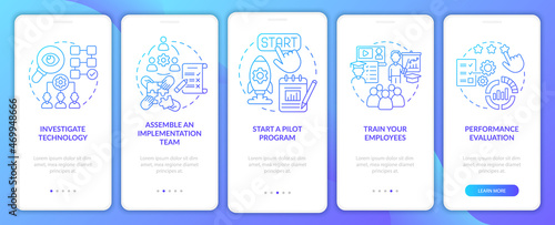 Implement technology steps onboarding mobile app page screen. Start pilot program walkthrough 5 steps graphic instructions with concepts. UI, UX, GUI vector template with linear color illustrations