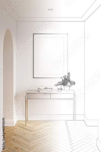 A sketch becomes a real modern classic white corridor with a blank vertical poster between two arches, flowers in a decorative vase and books on the console, parquet flooring. 3d render