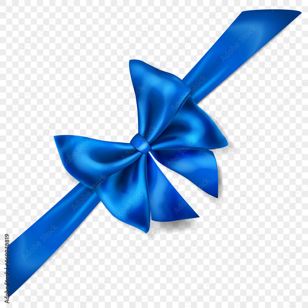 Beautiful blue bow with diagonally ribbon with shadow, isolated on