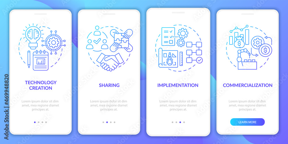 Tech transfer phases onboarding mobile app page screen. Product commercialization walkthrough 4 steps graphic instructions with concepts. UI, UX, GUI vector template with linear color illustrations