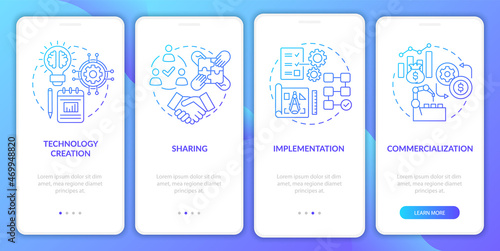 Tech transfer phases onboarding mobile app page screen. Product commercialization walkthrough 4 steps graphic instructions with concepts. UI, UX, GUI vector template with linear color illustrations