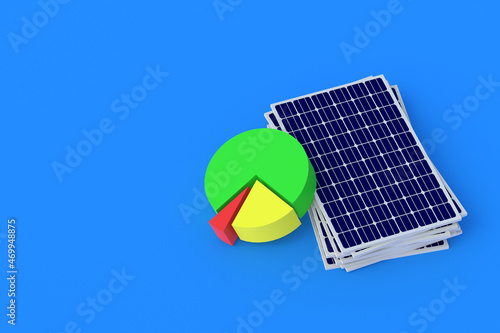 Heap of solar panels near round graph. Statistics  report  analysis of power plant operation. Green energy segment. Calculating the profitability of photovoltaic station. Copy space. 3d render