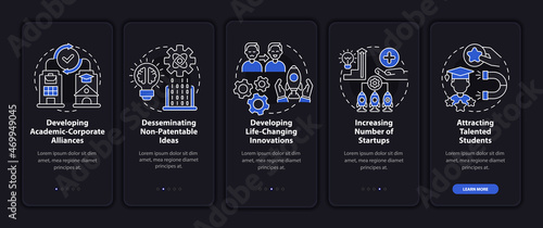 Tech transfer pros onboarding mobile app page screen. Innovative inventions walkthrough 5 steps graphic instructions with concepts. UI, UX, GUI vector template with linear night mode illustrations