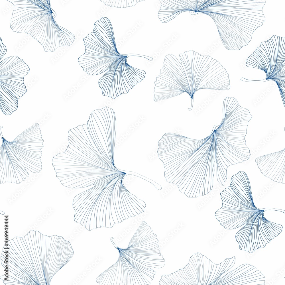 Gingko biloba seamless background pattern. Blue line leaves on white background. Gingko biloba seamless background pattern. Blue line leaves on white background.