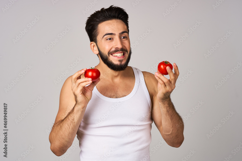 bearded man fresh tomatoes healthy lifestyle diet food light background bearded man fresh tomatoes healthy lifestyle diet food light background