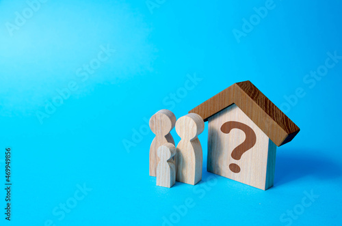 House with a question mark and family. Search for affordable housing. Social programs, preferential mortgage loans, government support. Buying a home. Housing issue. Realtor services. Realty photo