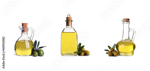 Set with oil, ripe olives and leaves on white background. Banner design