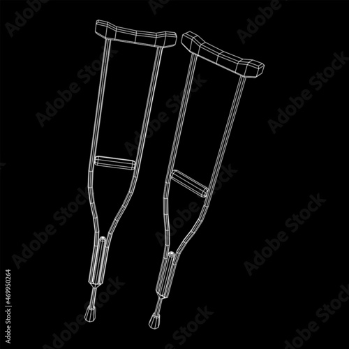Crutches medical walking sticks for rehabilitation of broken leg. Treatment of people with leg injuries. Wireframe low poly mesh vector illustration.