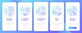 Types of social entrepreneurships blue gradient onboarding mobile app page screen. Walkthrough 5 steps graphic instructions with concepts. UI, UX, GUI vector template with linear color illustrations