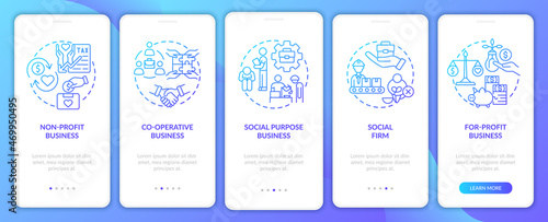Types of social entrepreneurships blue gradient onboarding mobile app page screen. Walkthrough 5 steps graphic instructions with concepts. UI, UX, GUI vector template with linear color illustrations