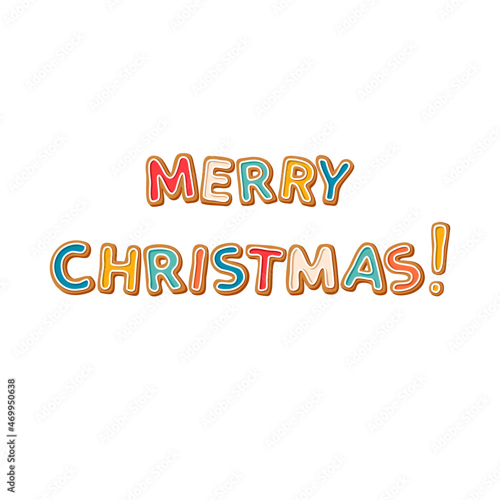 Vector illustration of merry Christmas lettering on white background. Inscription is made in the form of Christmas gingerbread decorated with colored icing. Idea for Christmas and New Year projects.
