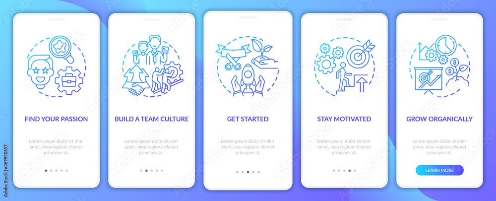 Steps to start social enterprise blue gradient onboarding mobile app page screen. Walkthrough 5 steps graphic instructions with concepts. UI, UX, GUI vector template with linear color illustrations