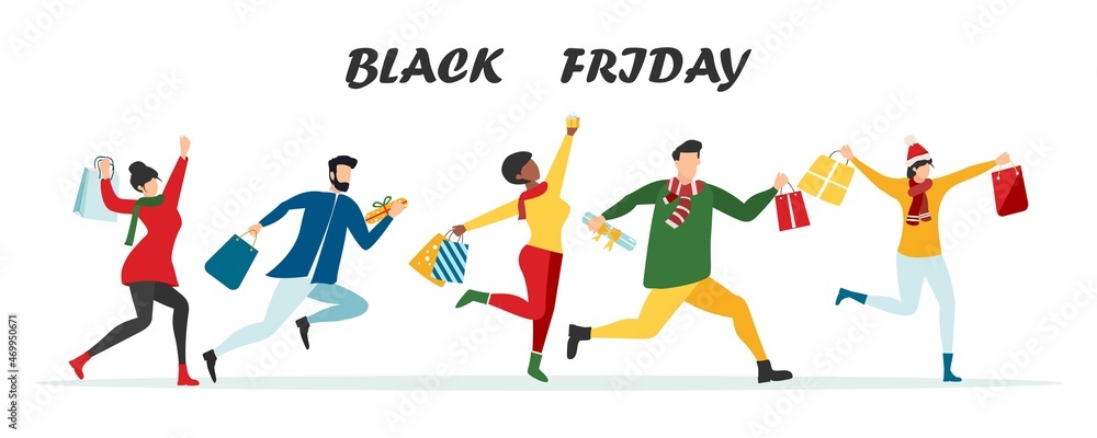 Black Friday sale event. Flat characters of people with shopping bags. Big discount, advertising concept, advertising poster, banner. Vector.