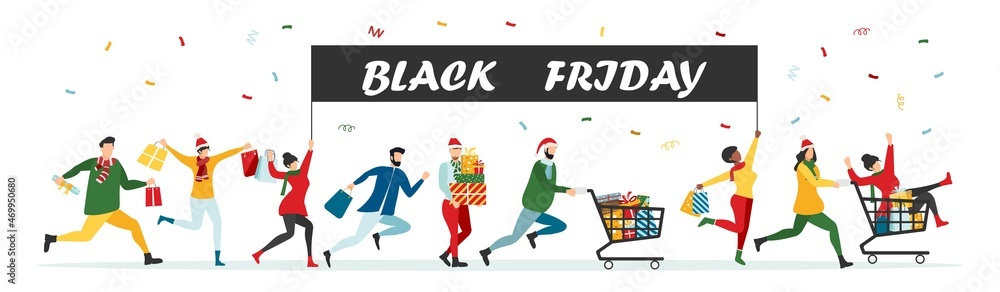 Black Friday sale event. Flat characters of people with shopping bags. Big discount, advertising concept, advertising poster, banner. Vector. Black Friday sale event. Flat characters of people with shopping bags. Big discount, advertising concept, advertising poster, banner. Vector.