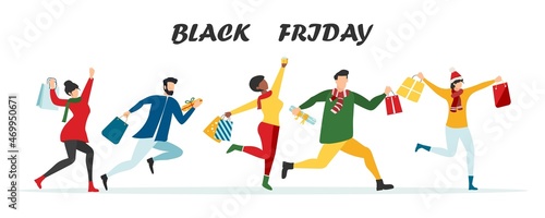 Black Friday sale event. Flat characters of people with shopping bags. Big discount, advertising concept, advertising poster, banner. Vector.