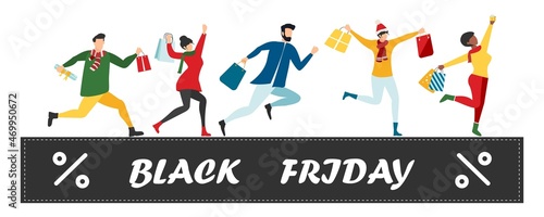 Black Friday sale event. Flat characters of people with shopping bags. Big discount  advertising concept  advertising poster  banner. Vector.