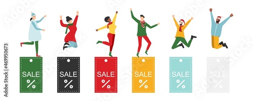 Black Friday sale event. Flat characters of people with shopping bags. Big discount, advertising concept, advertising poster, banner. Vector.